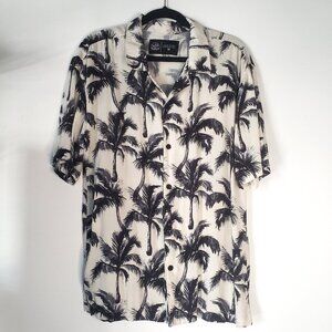 360 SURF Palm Tree Tropical Hawaiian Shirt Black Blue on Cream White